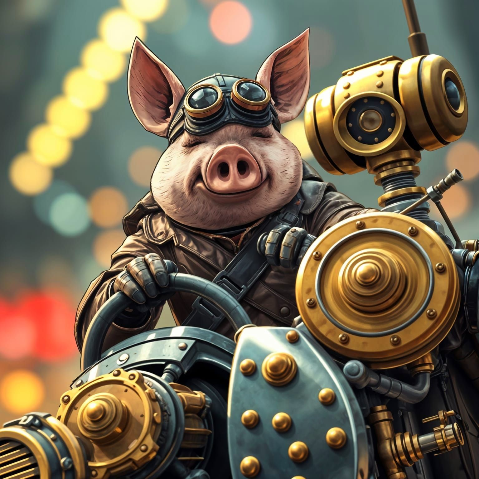 Steampunk Pigman Piloting Mecha in Anime Style