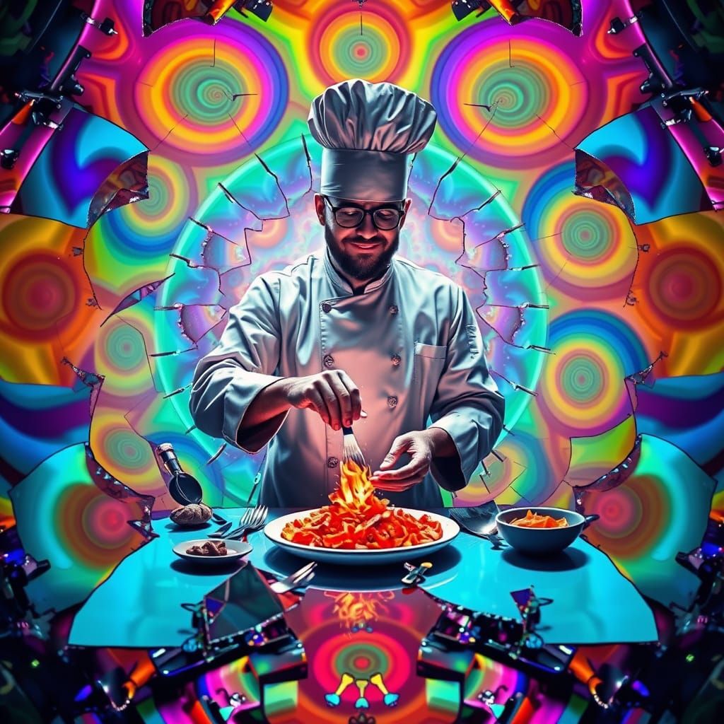 Vibrant Chef Prepares Dish with Kaleidoscope Colors