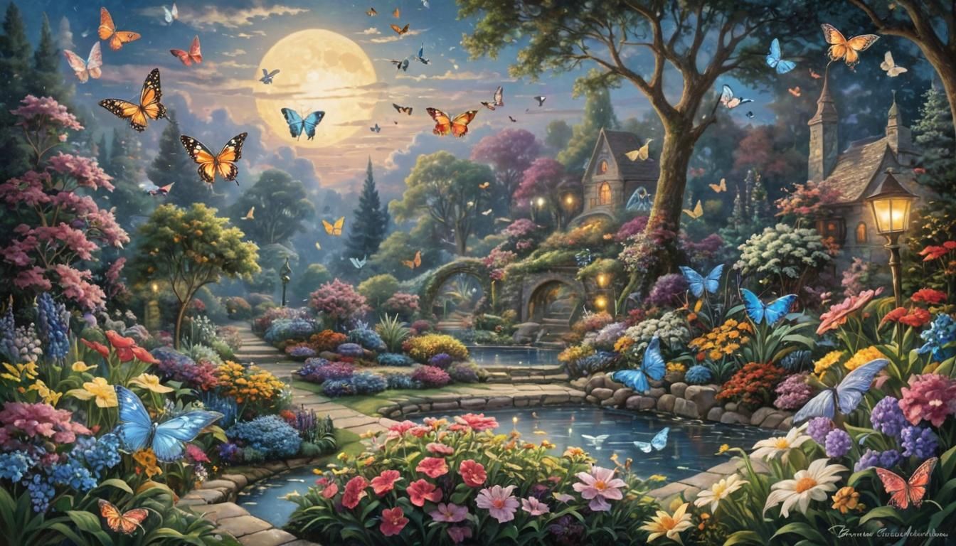 Surreal Cubist Moonlight Garden with Butterflies