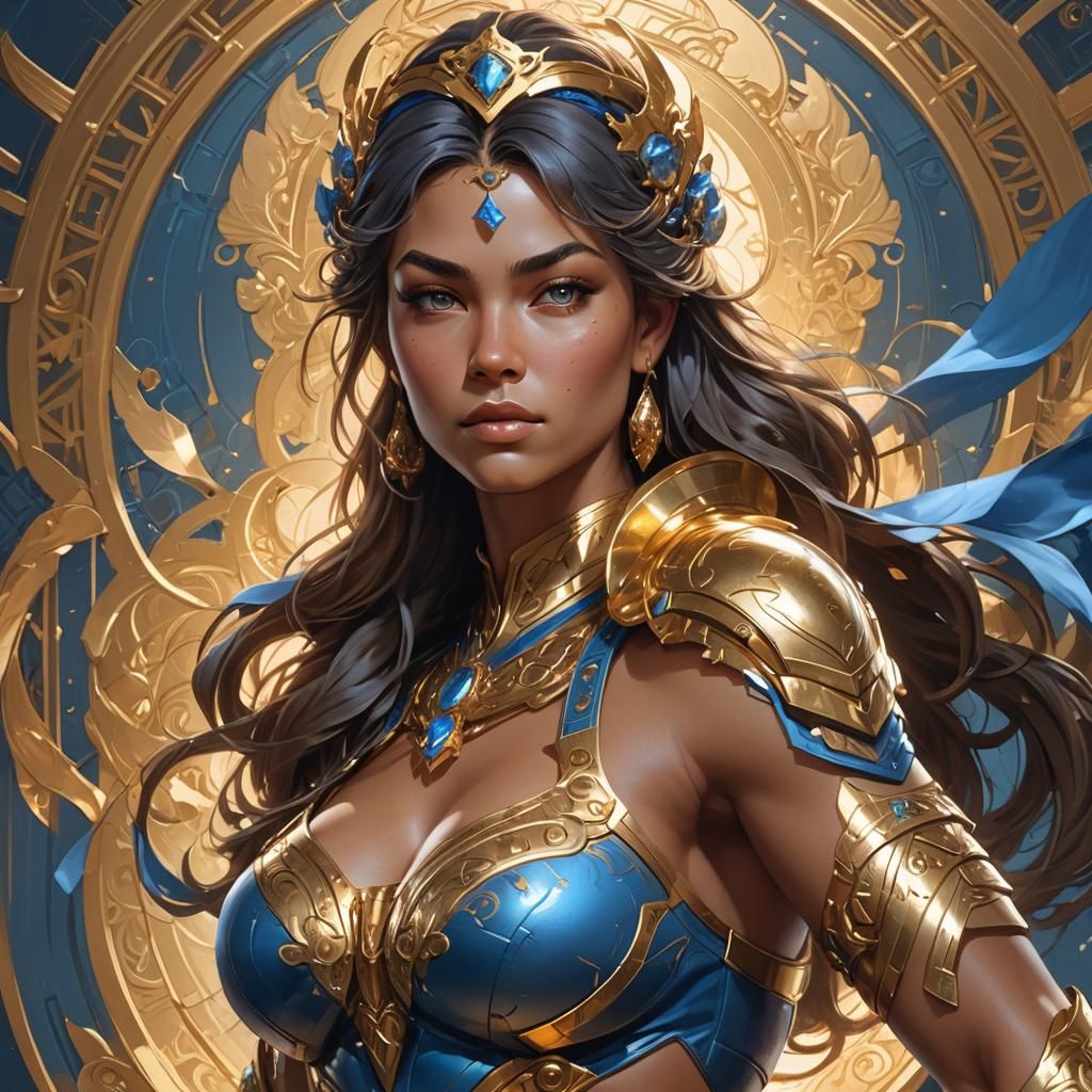 Illustrative Portrait: Confident Woman in Gold and Blue