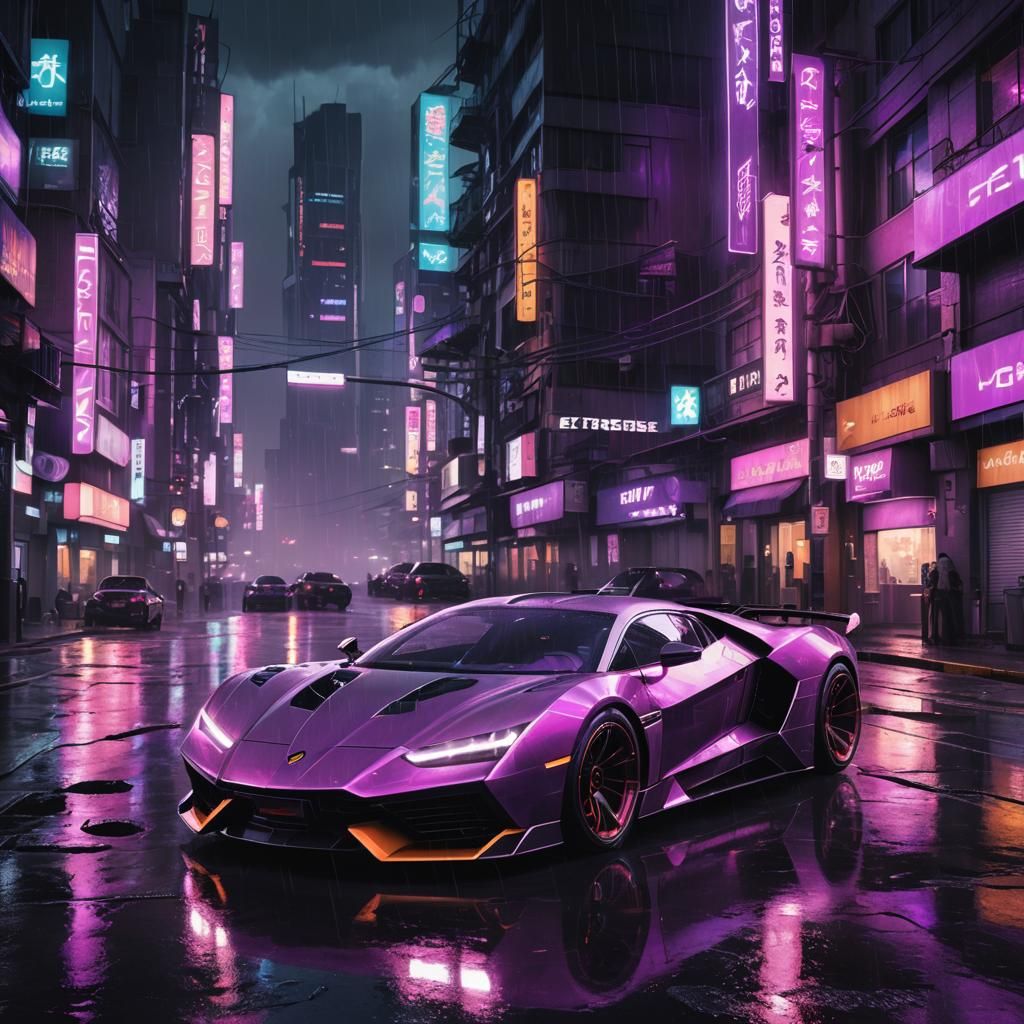 Cyberpunk Supercar Concept Art in Rainy Cityscape