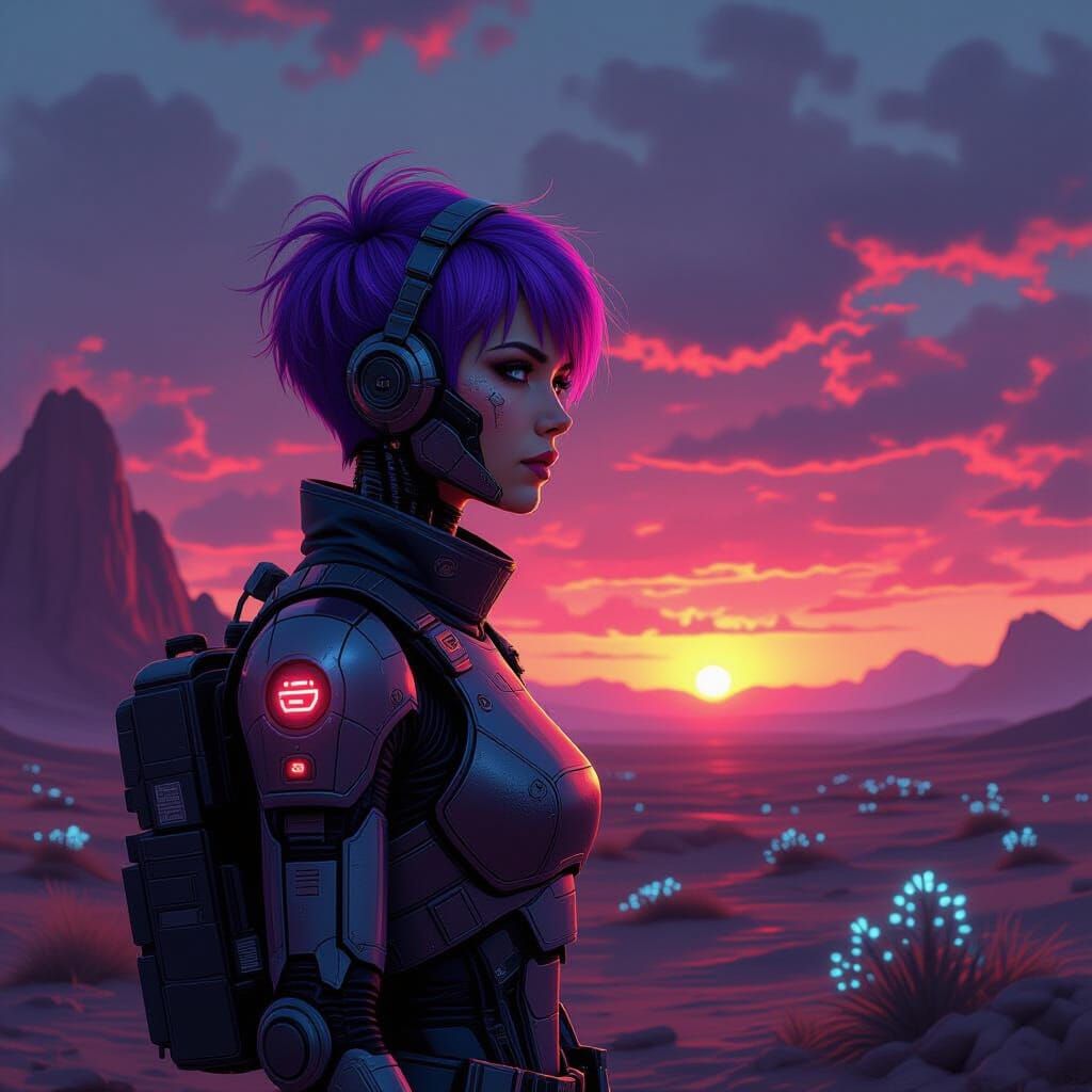 Cyborg Mail Carrier on Alien Planet at Sunset