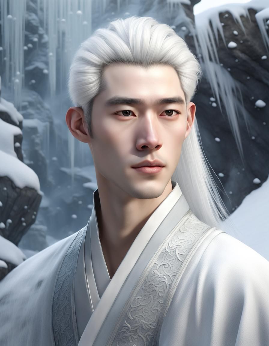 Handsome Man Portrait in Snowy Cave, Realistic 3D