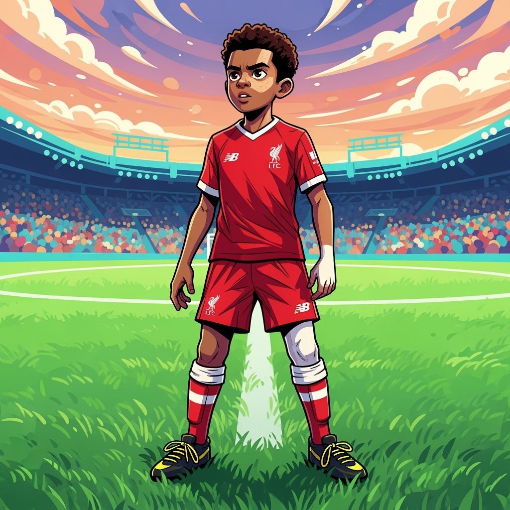 Boy in Liverpool Kit on Football Pitch: Digital Art