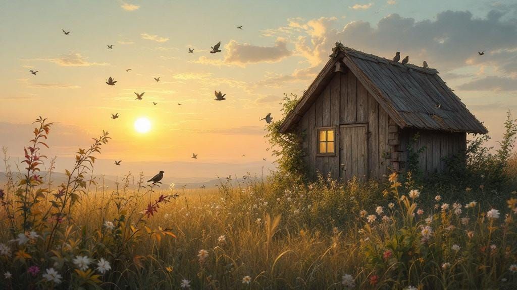 Weathered Fence at Sunset in Oil Painting Style