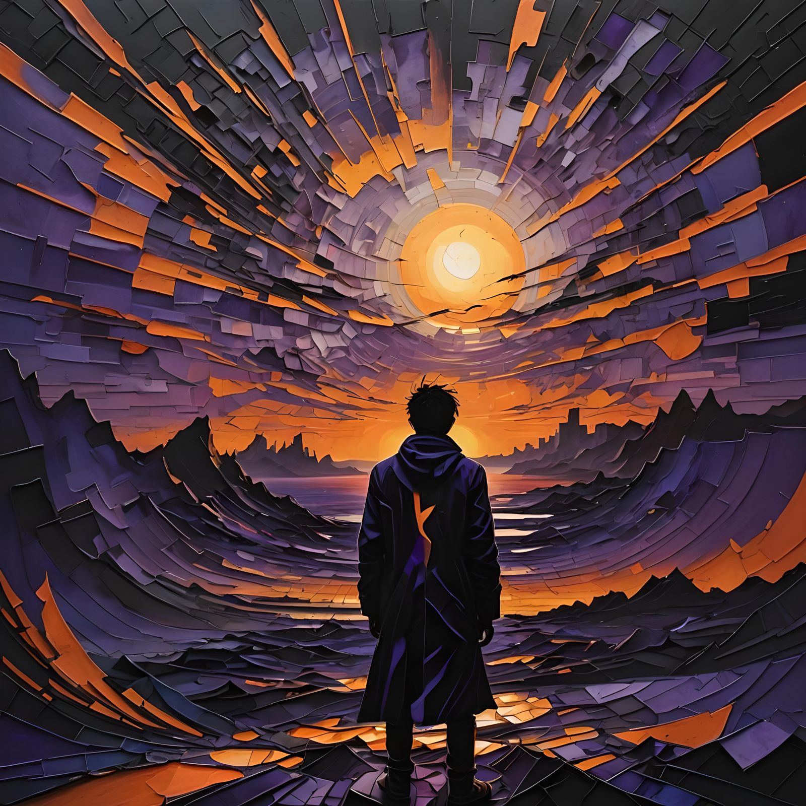 Fractured Sunrise: Abstract Silhouette in Geometric Landscap...