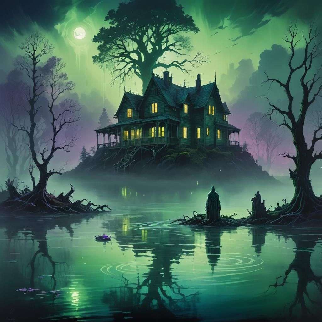 Ethereal Ghostly Figure Above Dark Lake Concept Art