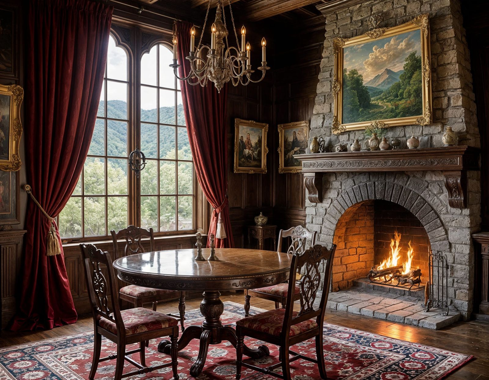 Victorian Great Hall with Ornate Table and Fireplace