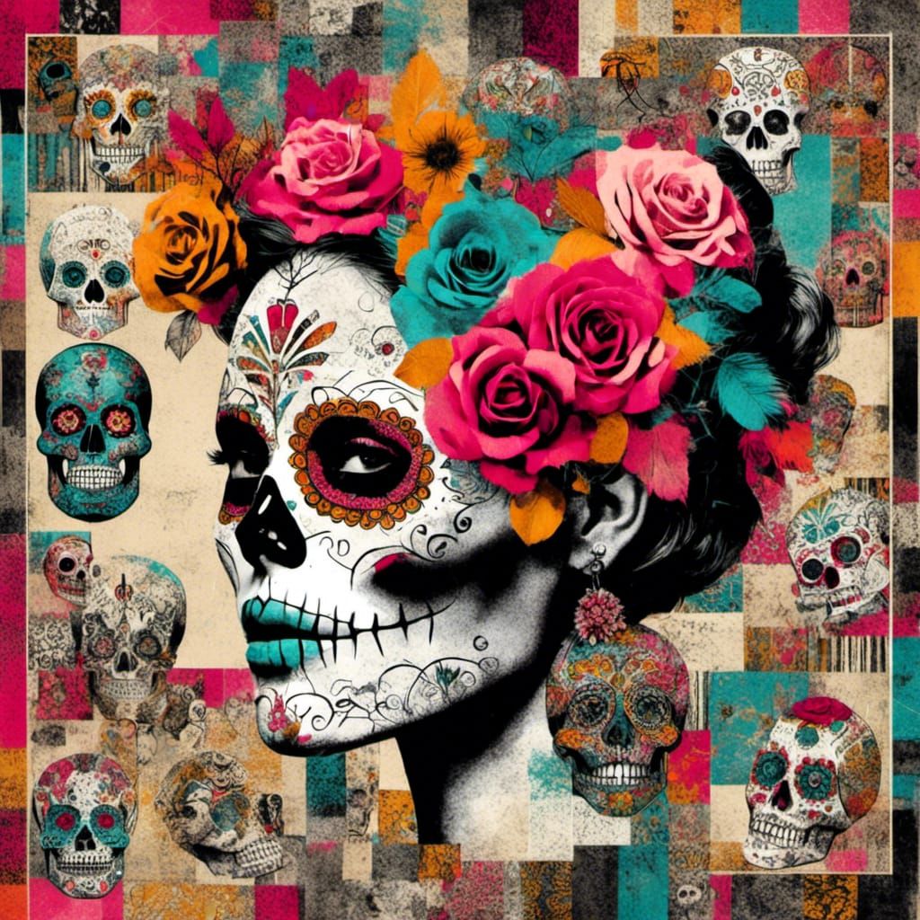 <lora:SugarSkullMemorials:1.0> a mixed media patchwork  portrait  of   sugar skulls   digital art, screen print, wheat p...