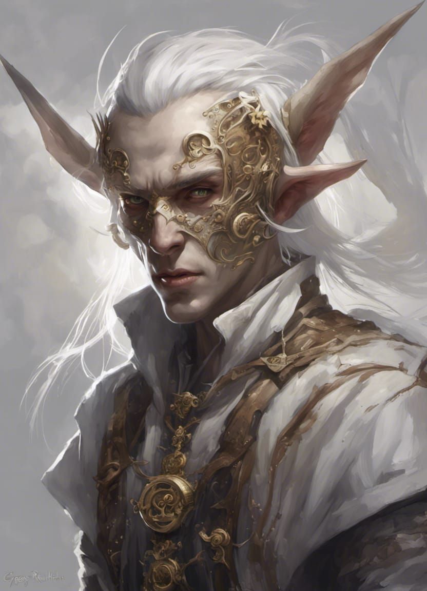 Clockwork Masked Elf Sorcerer in Dark Fantasy Style