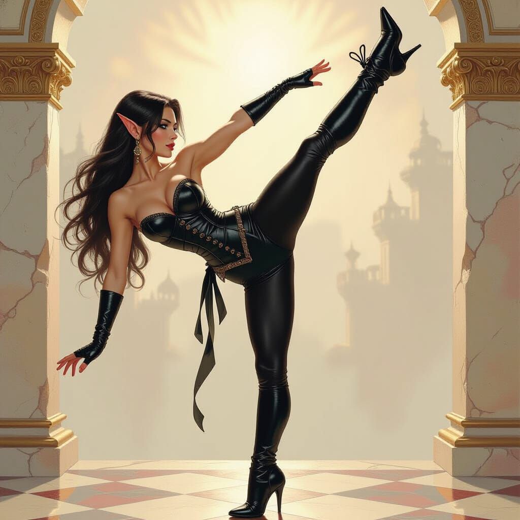 Elf in Corset Performing Vertical Leg Stretch