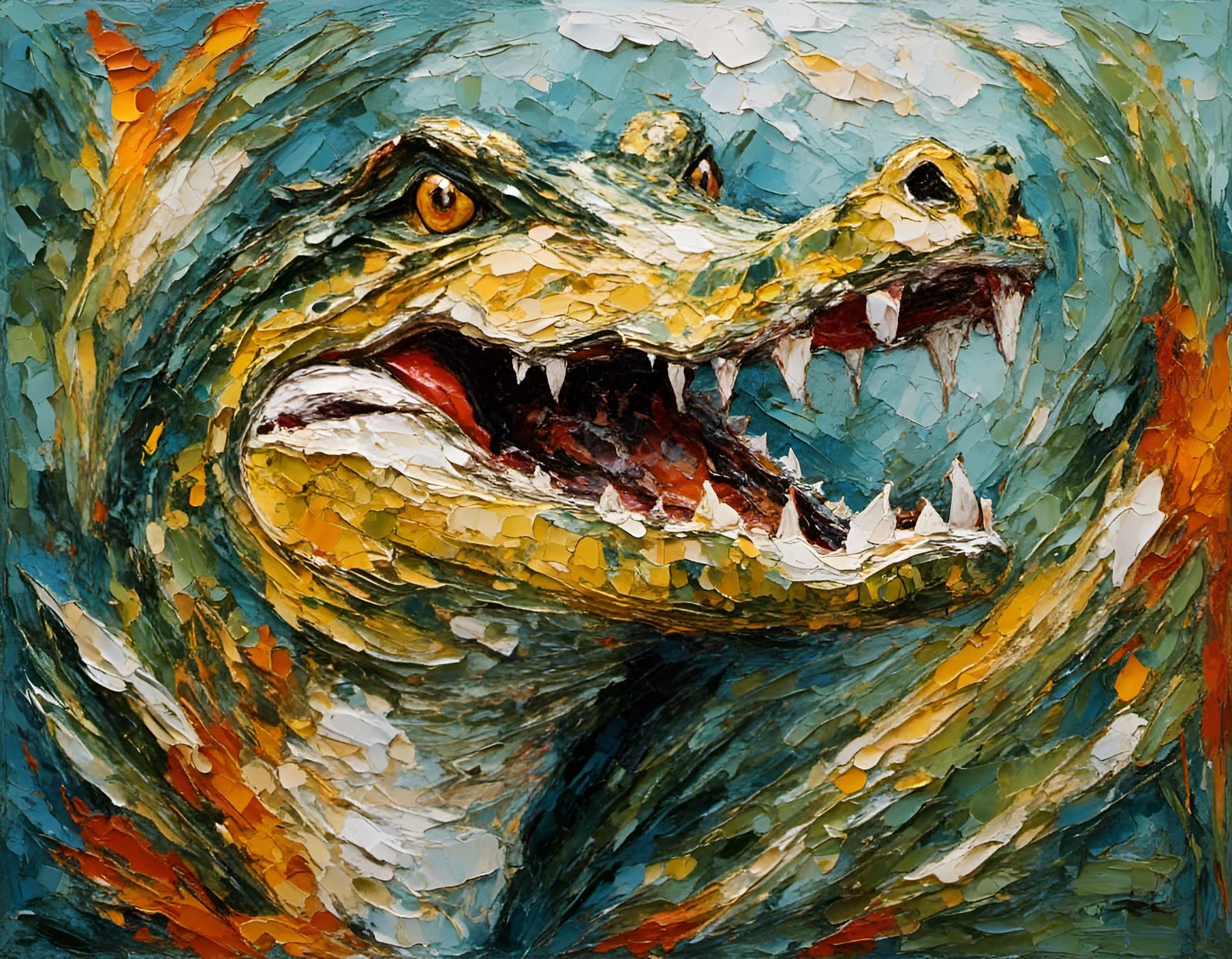 Crocodile in Jungle Temple as Impasto Painting