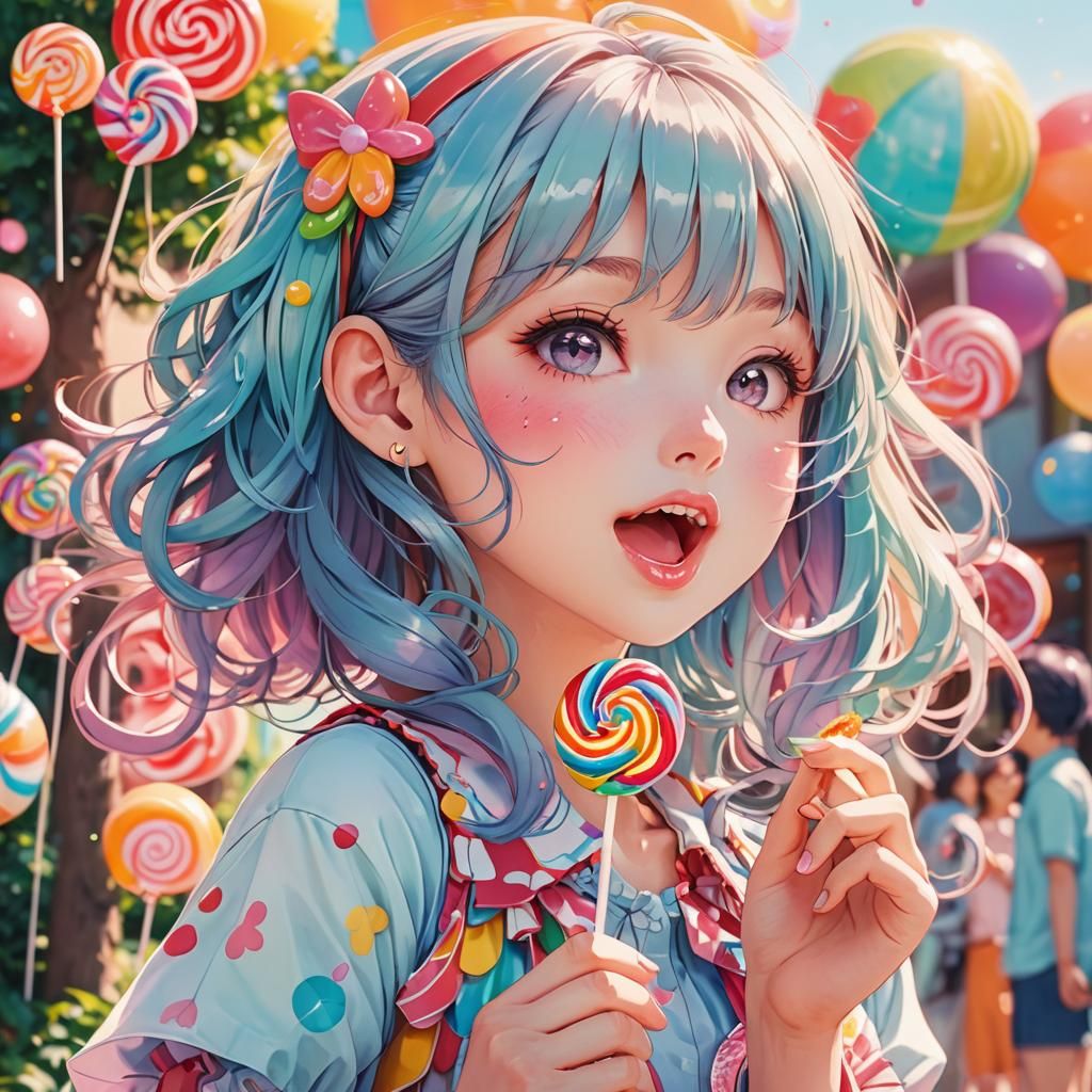 Cute Anime Girl Licking Lollipop in Manga Style