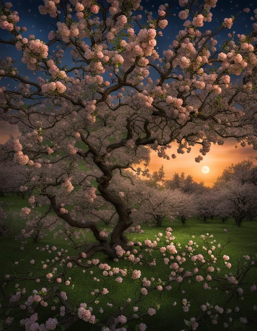 Apple blossom tree during the harvest moon