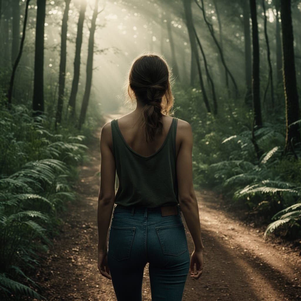 Young Woman Strolls Through Lush Forest Under Golden Hour