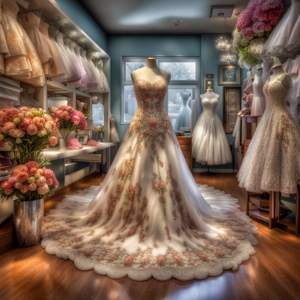 Hyperrealistic Floral Wedding Gown in Dress Shop