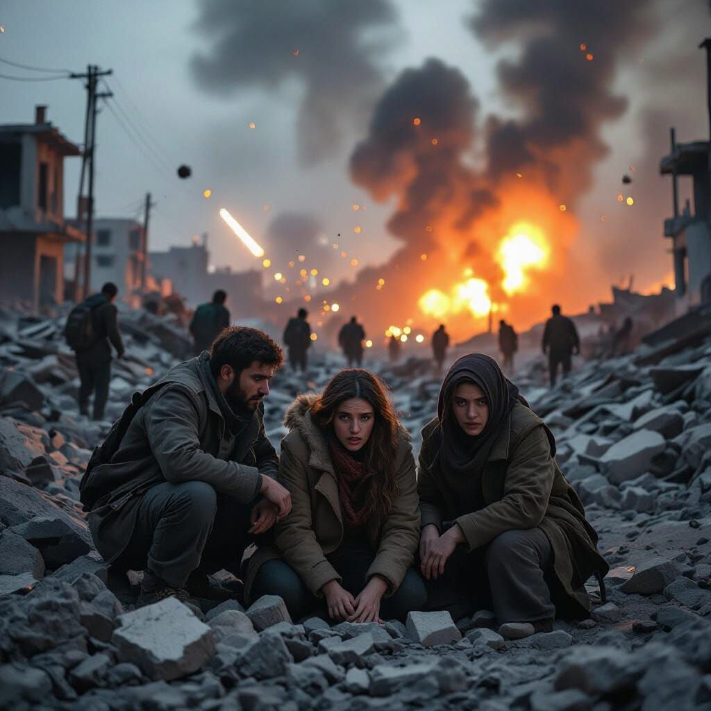 Civilians Cower in War-Torn City Under Explosive Night Sky