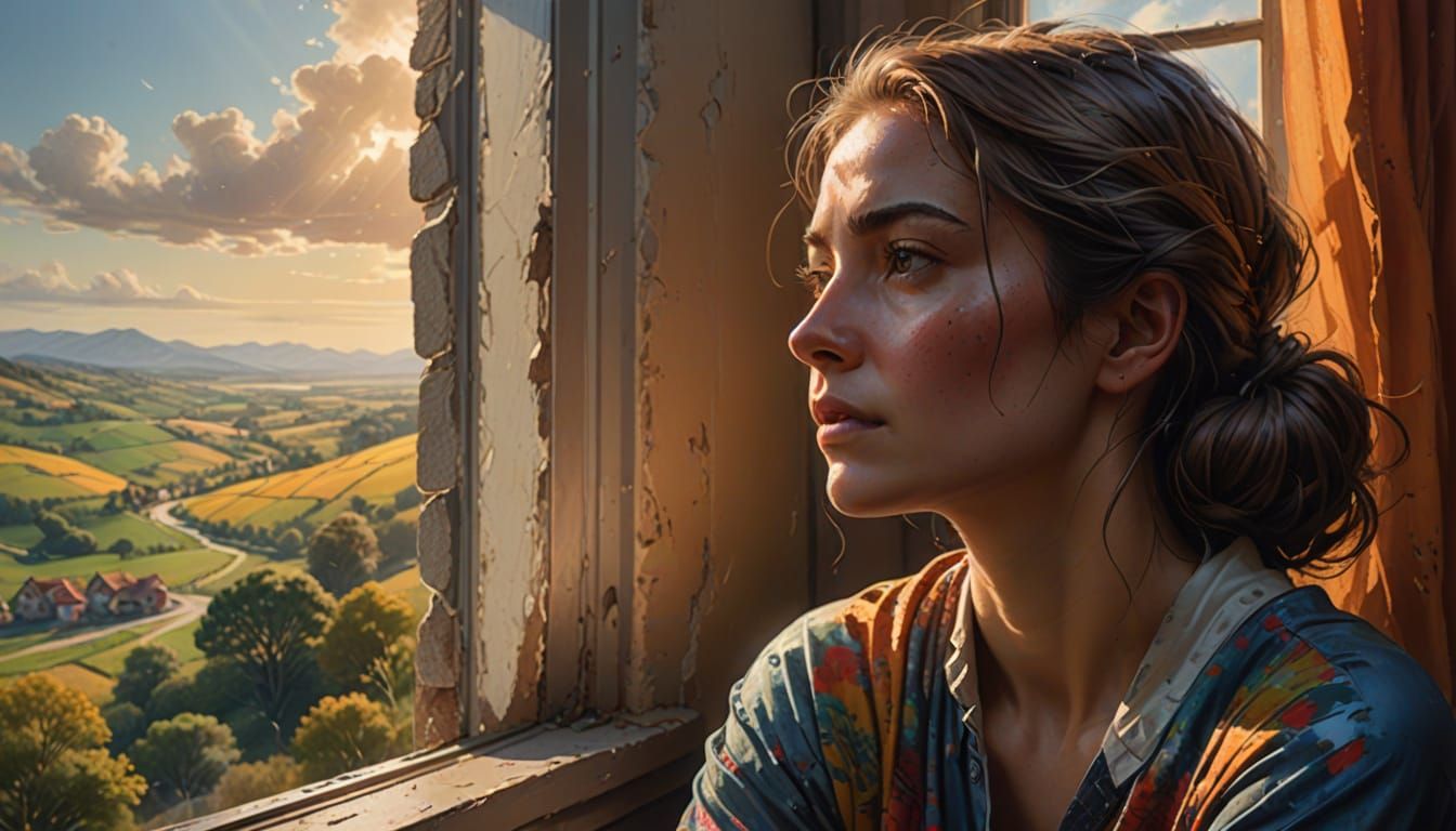 Woman Contemplating Landscape in Splash Art Style