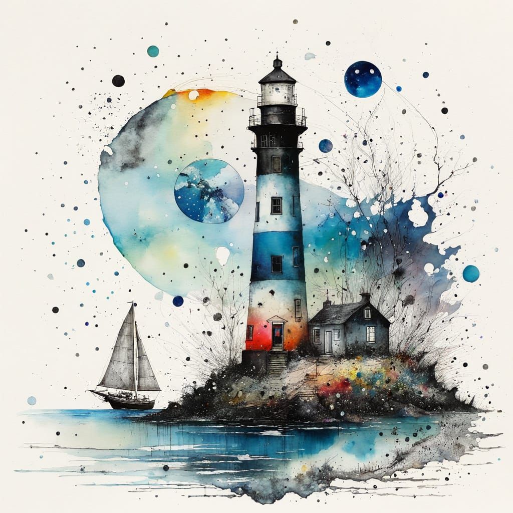Yin Yang Yacht and Lighthouse in Impressionistic Style