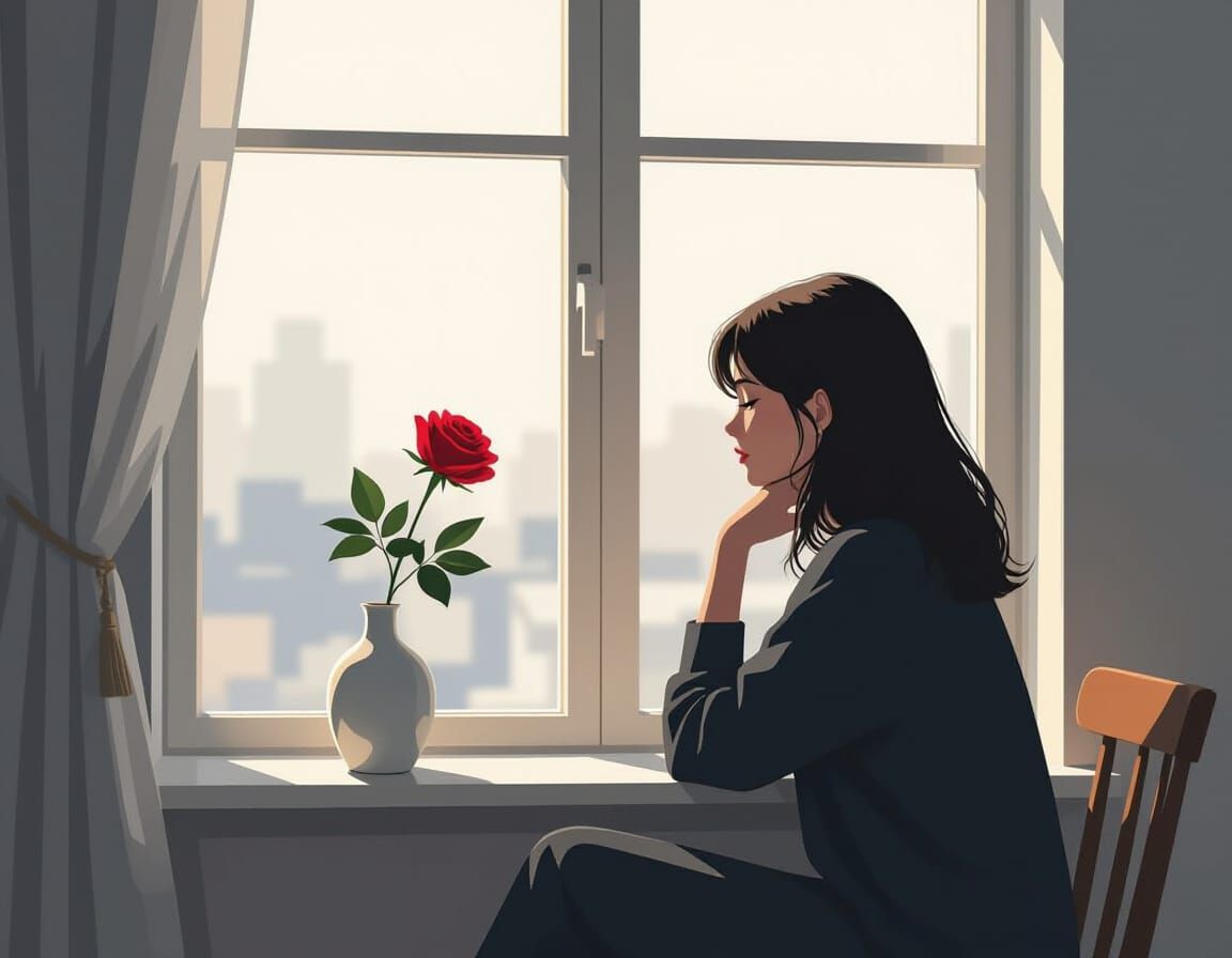 Woman Contemplating Rose in Minimalist Room