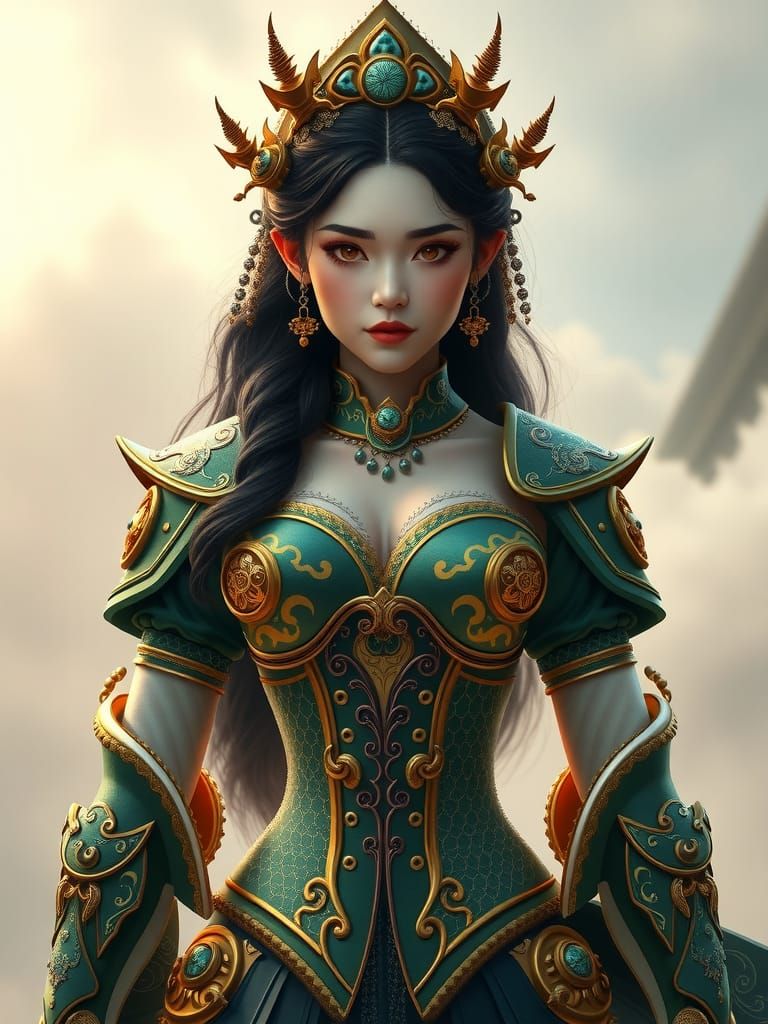 Goddess in Green Armor with Kintsugi Details
