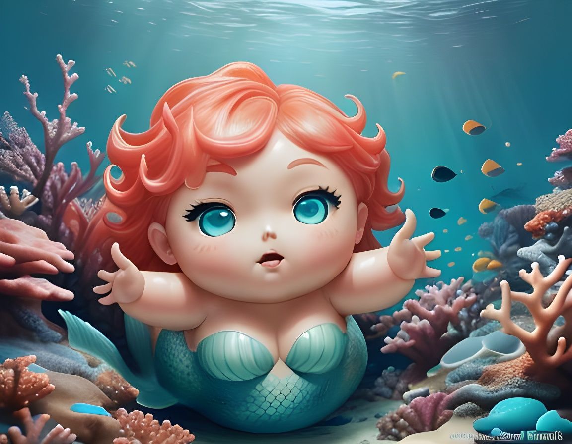 Chubby Chibi Mermaid in Coral Reef: Hyperrealistic Art