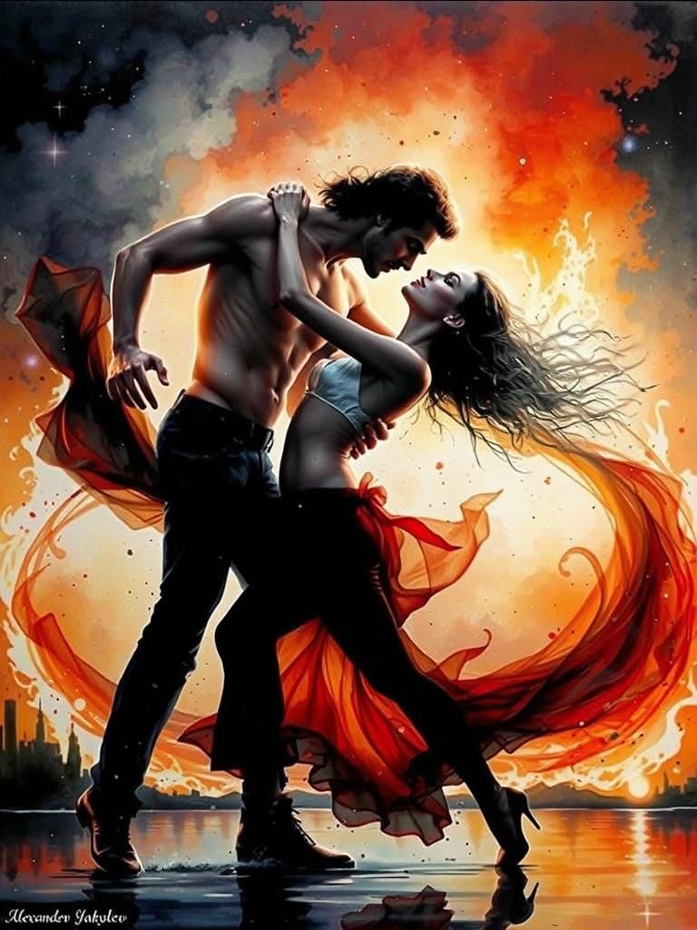 Abstract Lovers Dancing in Fiery Sunset, Watercolor