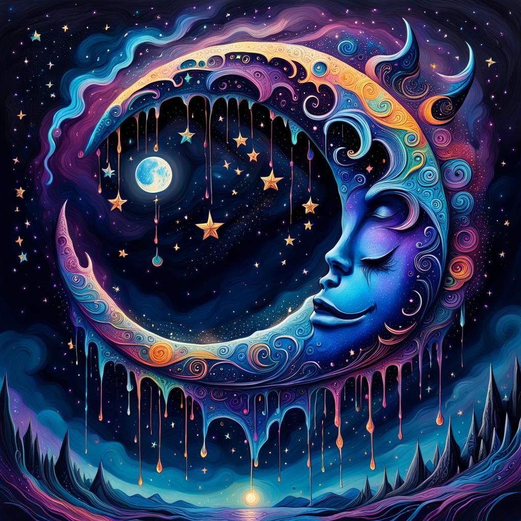 Dripping Crescent Moon with Stars: Fantasy Oil Painting
