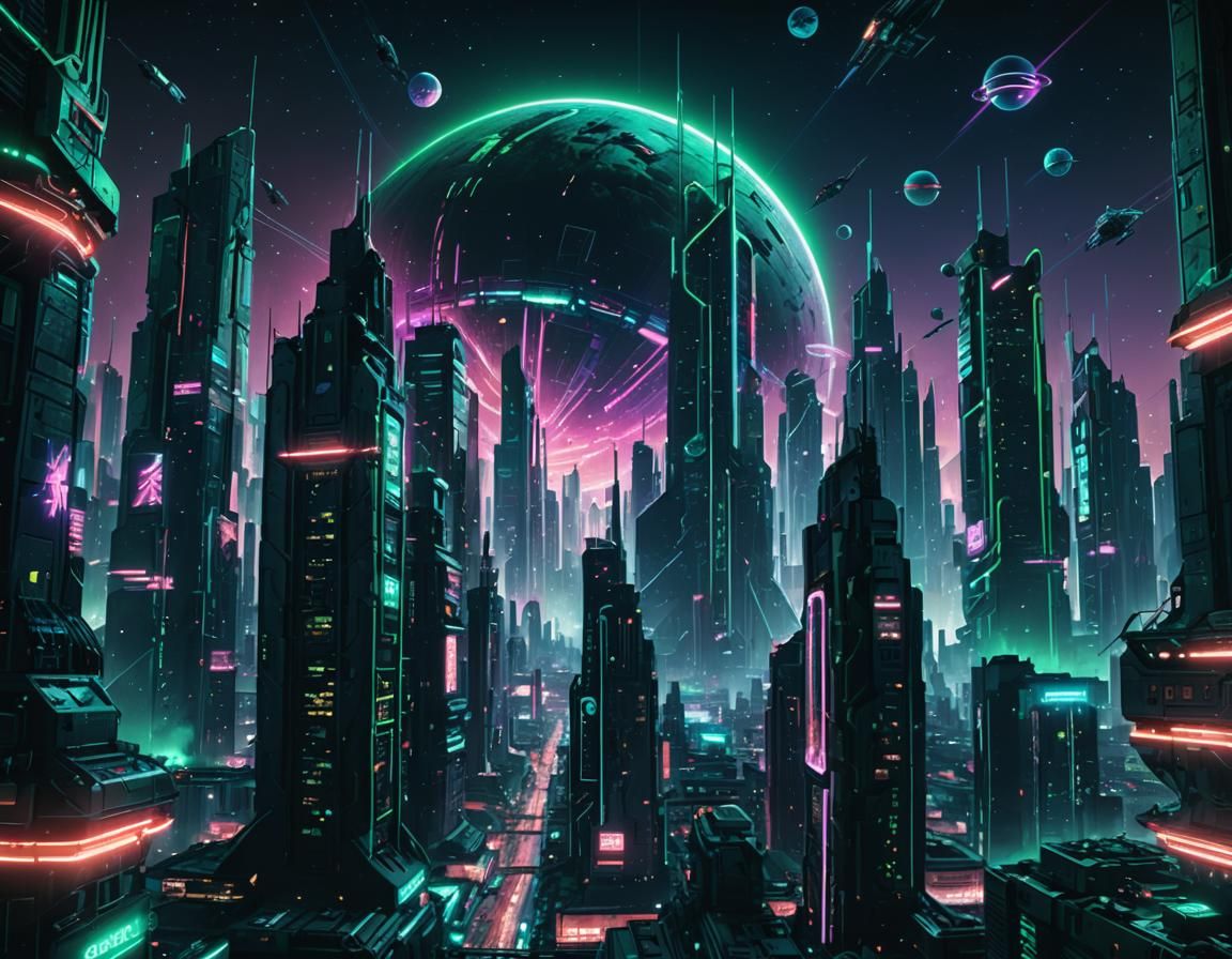 Cyberpunk Planet: Neon Skyscrapers in Synthwave Style