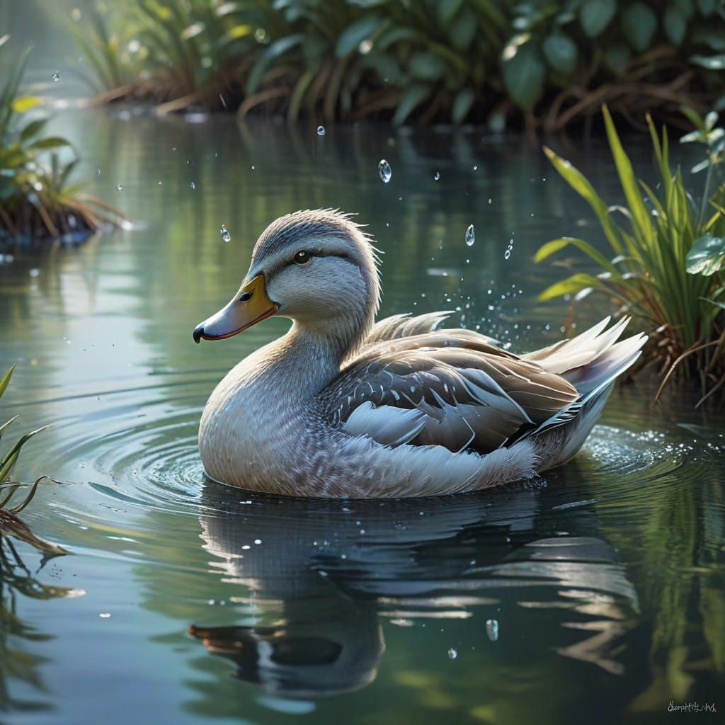 Whimsical Duck Shakes Off Water in Soft Focus Watercolor
