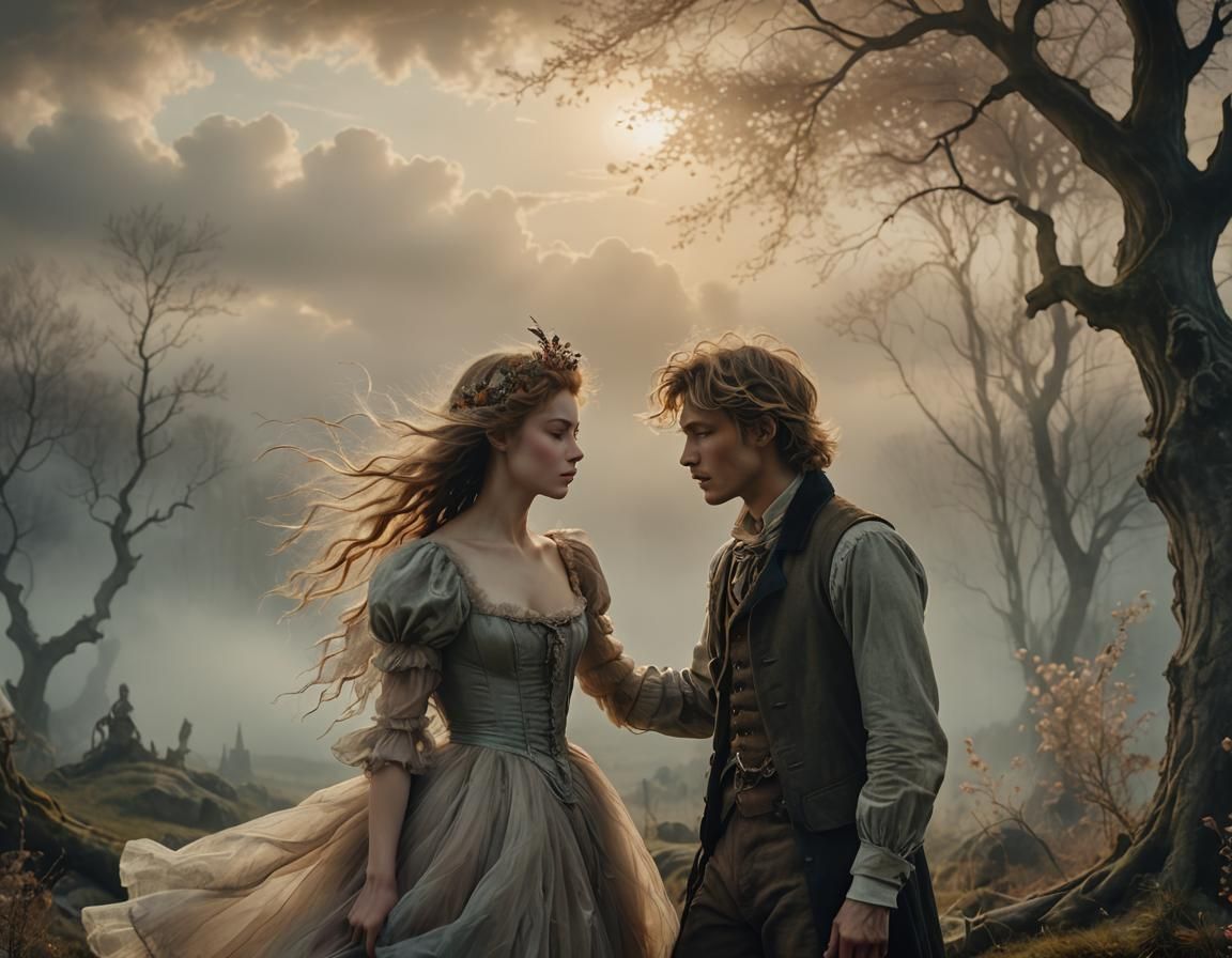 Romantic Couple in Fairytale Landscape as Oil Painting