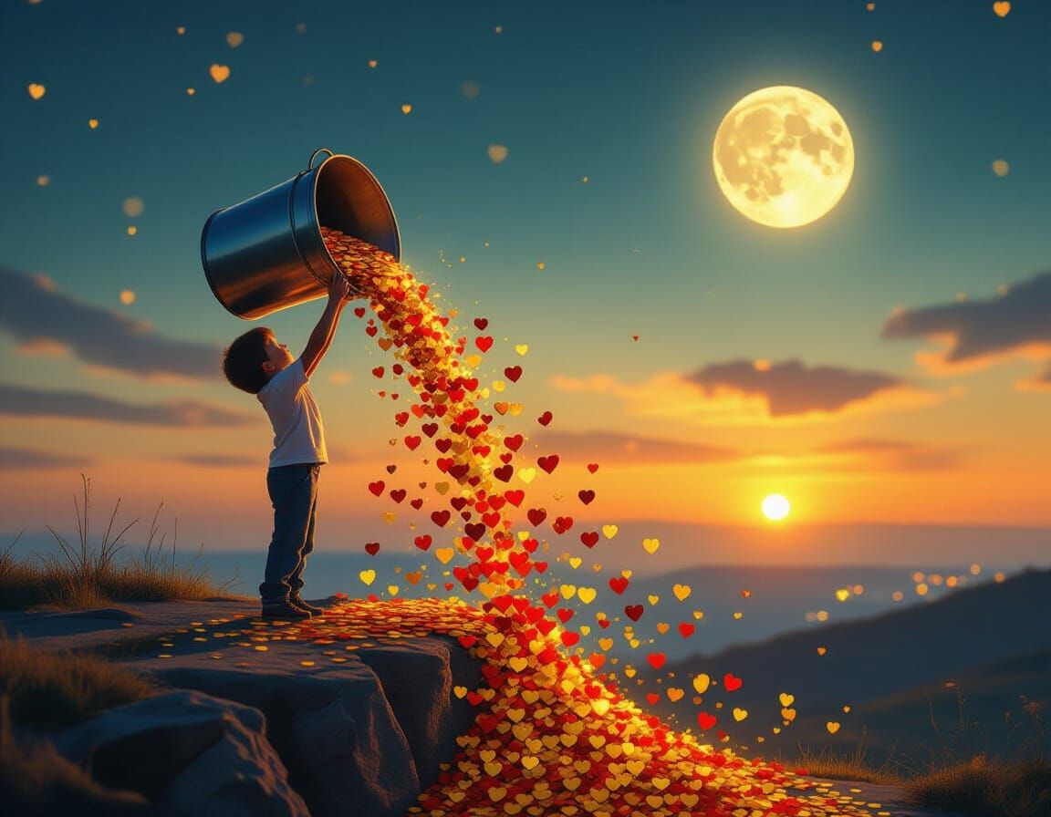 Boy Pours Hearts Over Glowing Horizon