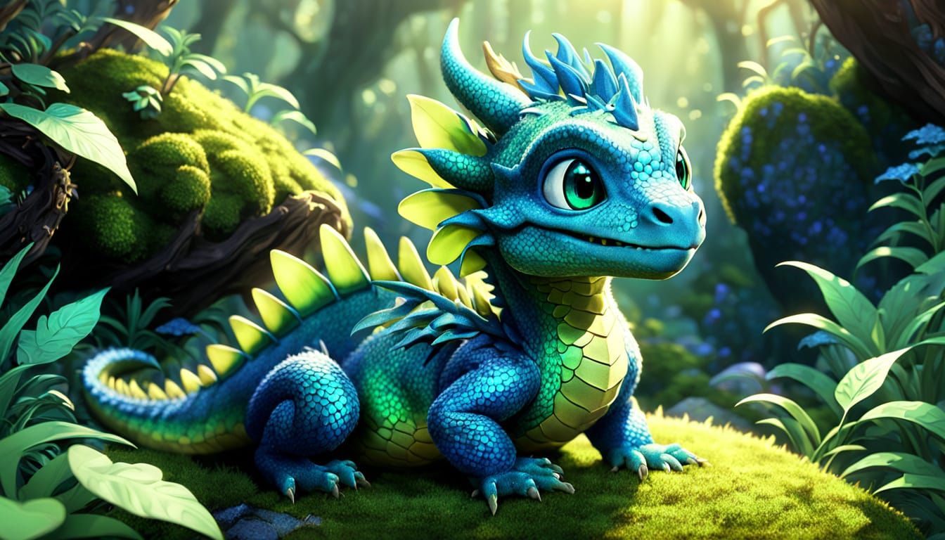 Charming Baby Dragon on Moss in Pixar Style