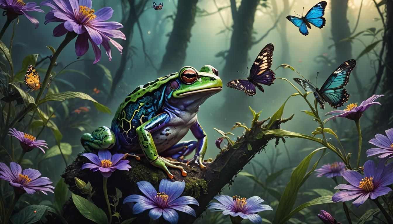 Surreal Frog-Butterfly Hybrid in Misty Rainforest