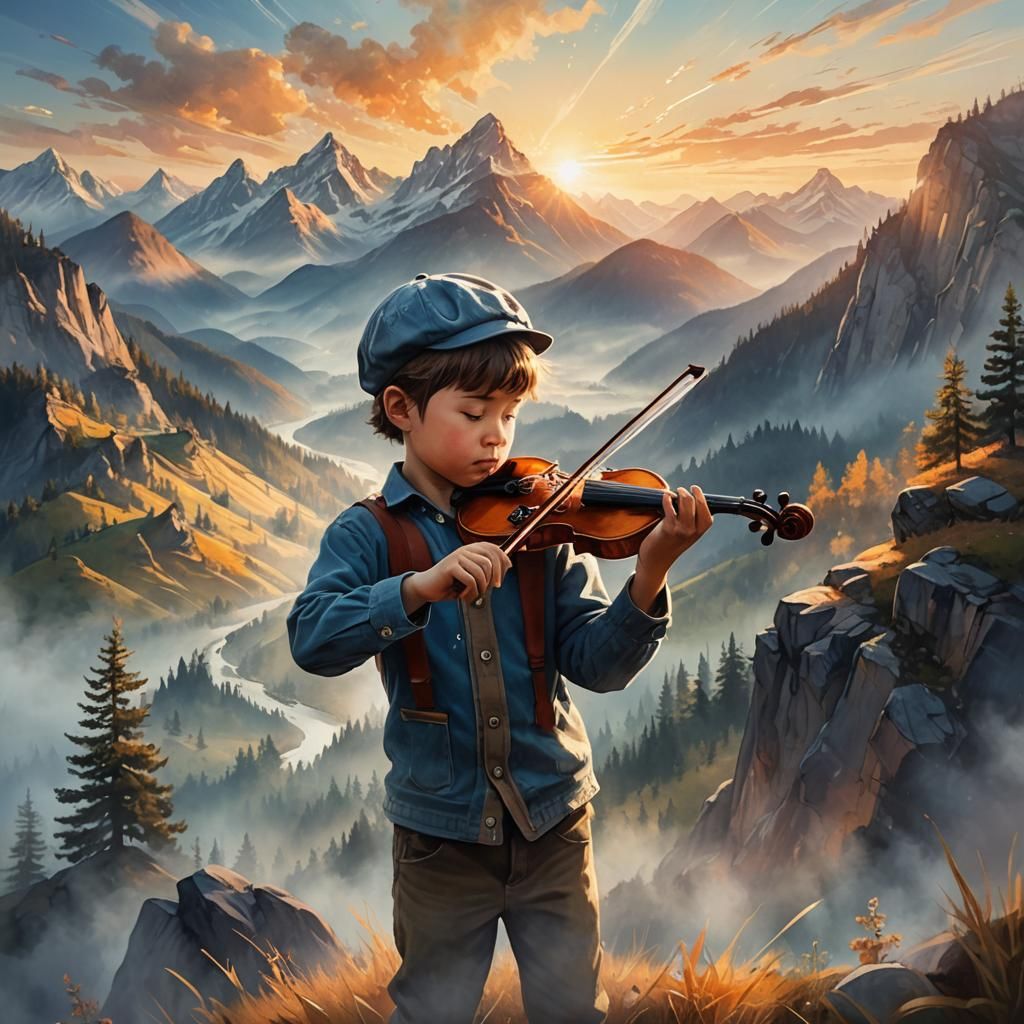 Boy with Violin: Double Exposure Fantasy Concept Art