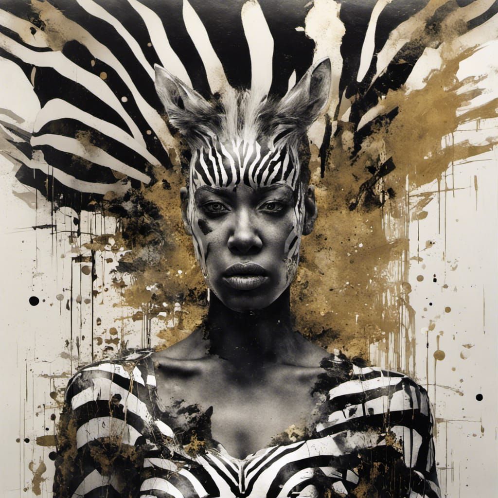 Black, white, zebra creation plus woman.