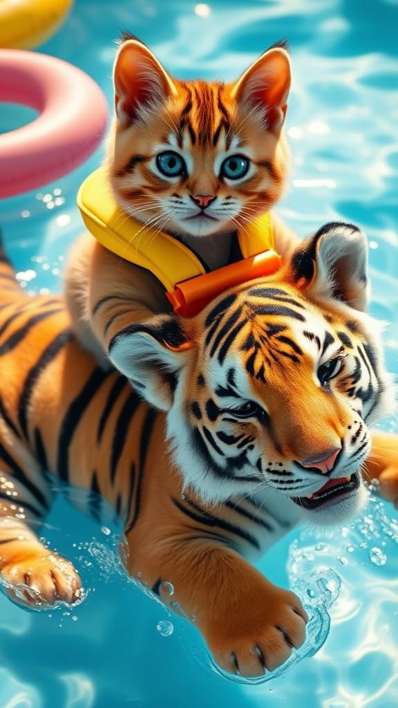 Playful Feline and Furry Friend Enjoy Splashing Fun in the P...