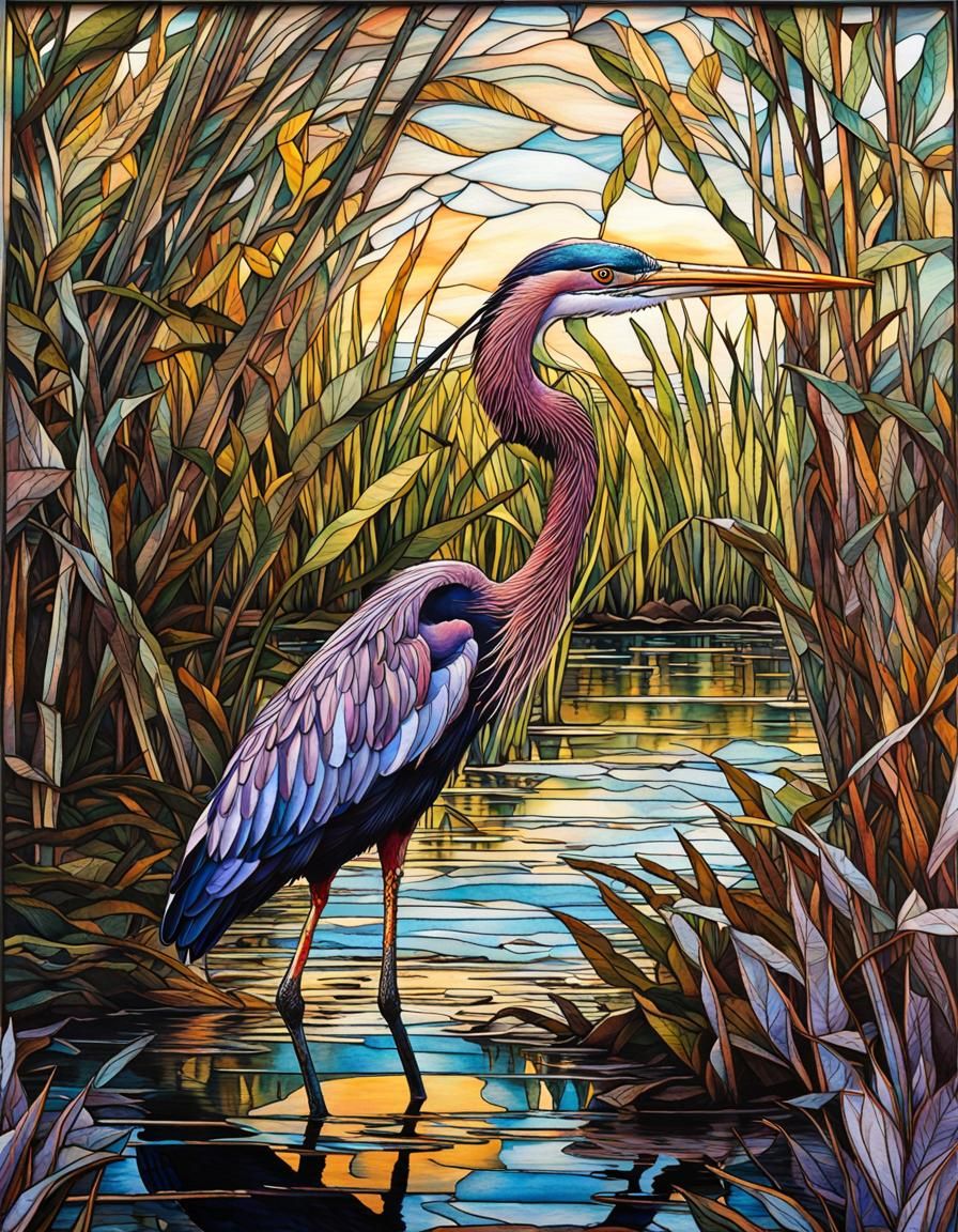 Purple Heron in Cubist Mangrove Swamp Art