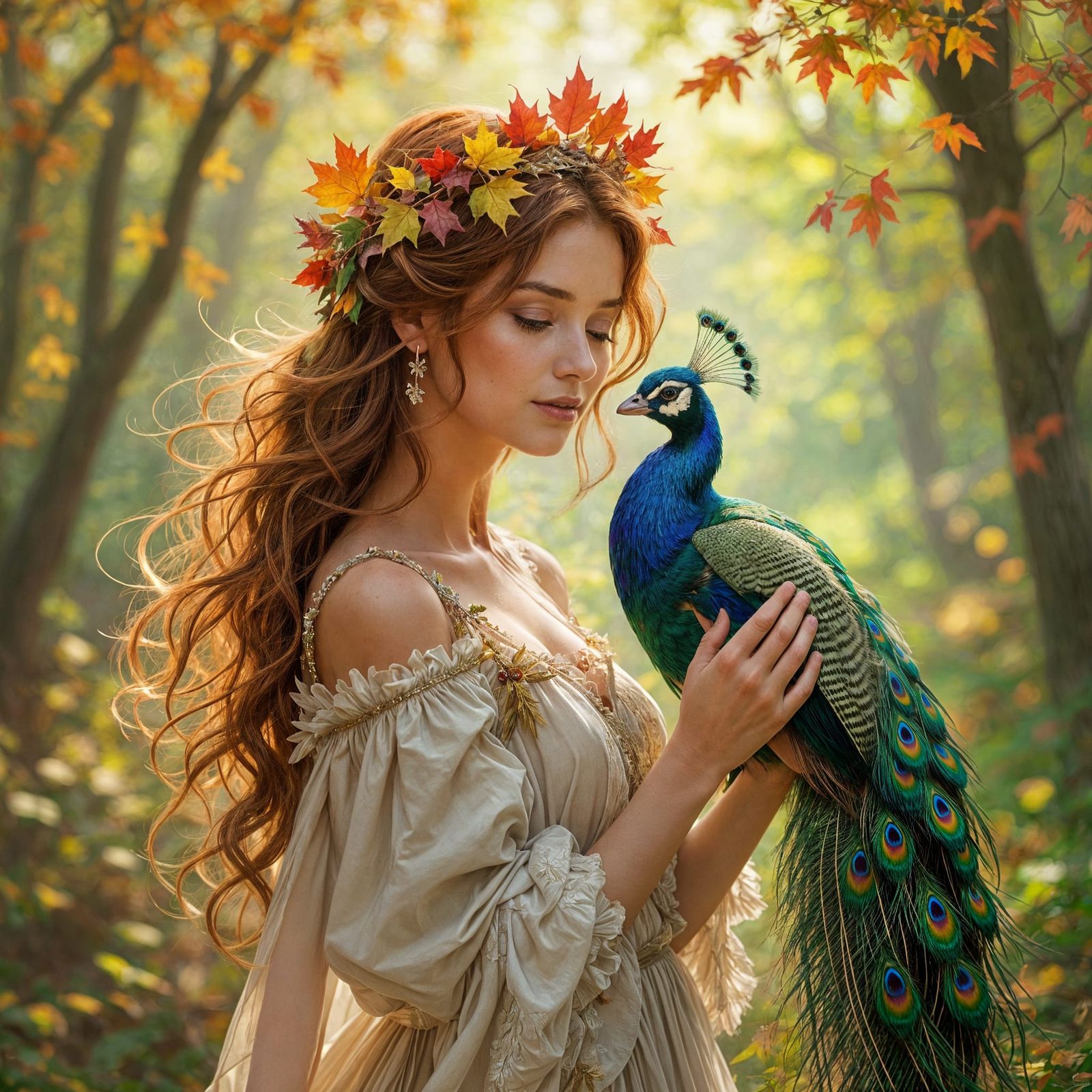 Autumn Woman with Peacock in Sunlit Forest