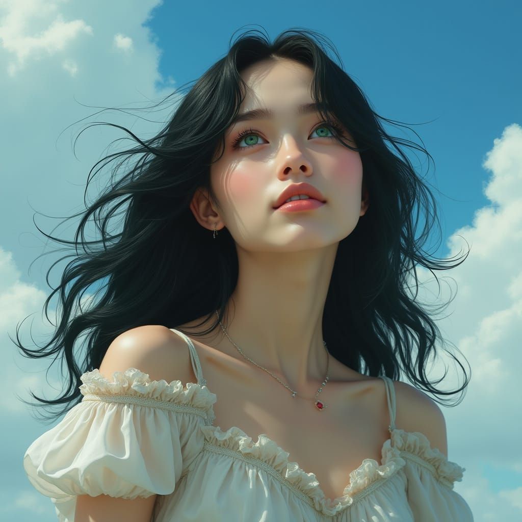Ethereal Raven-Haired Woman Lost in Whimsical Sky