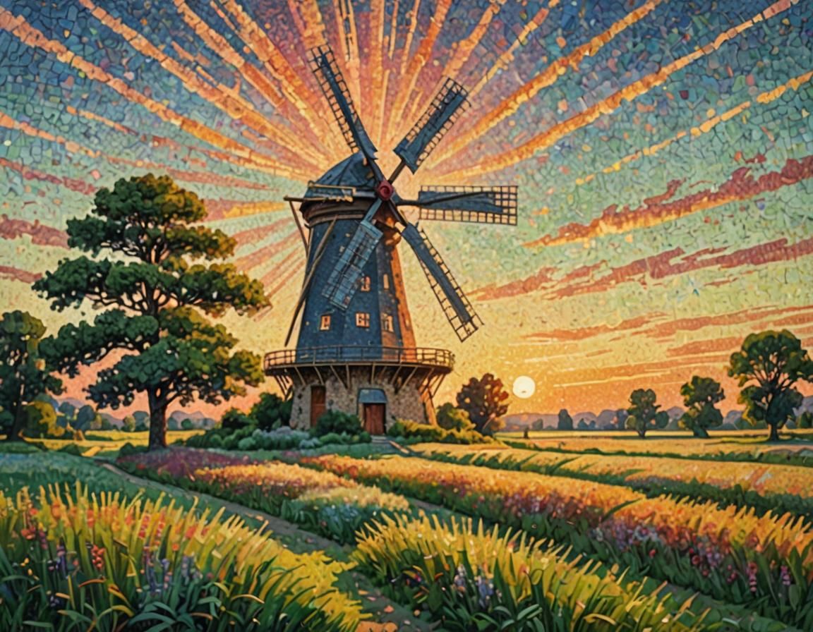 Giant Windmill in Pointillist Meadow at Sunset