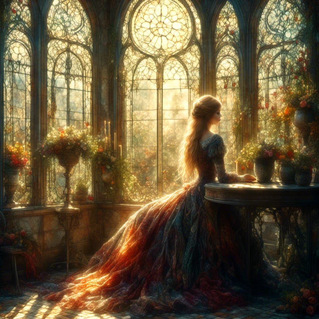 Victorian Woman in Sunroom with Sun Glow