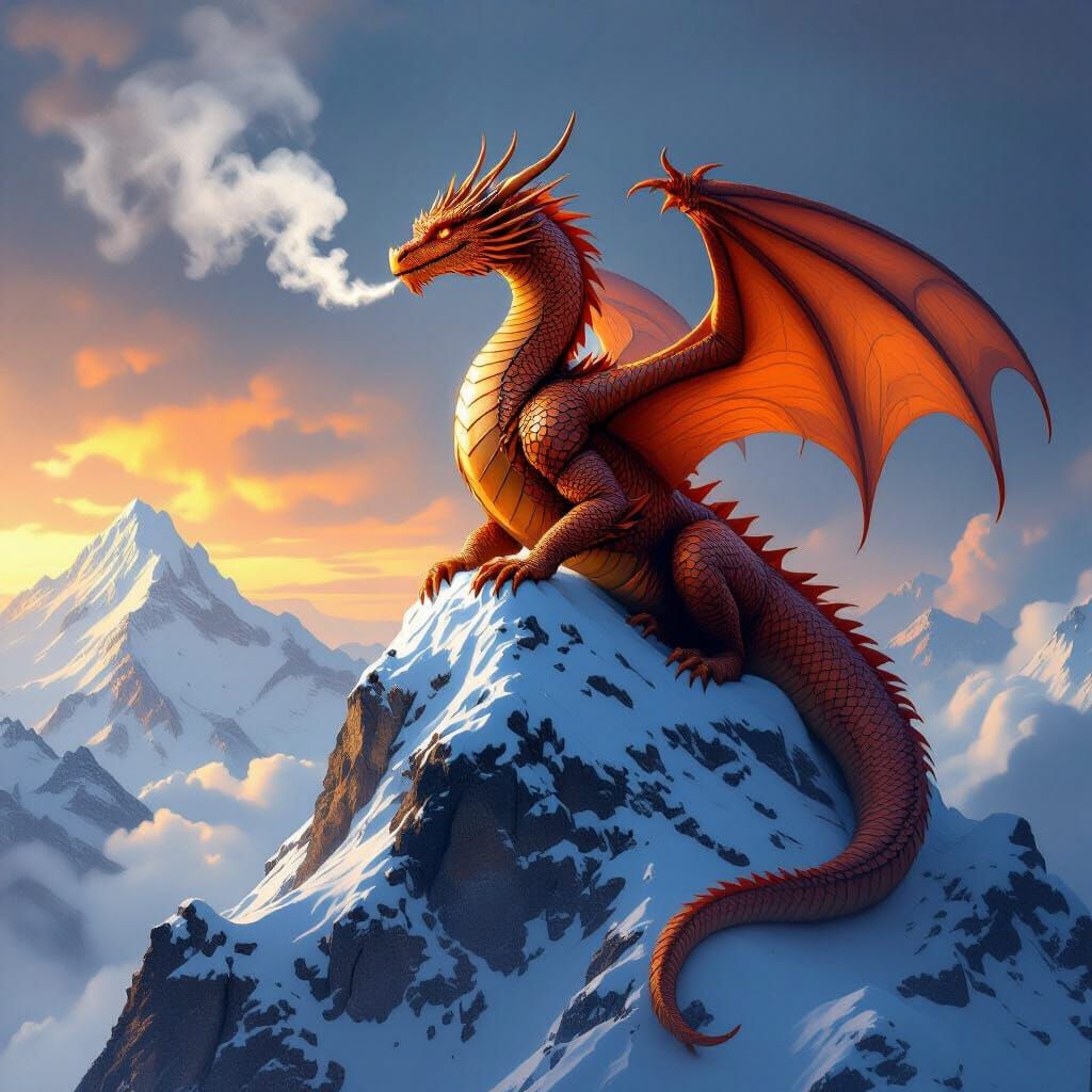 Copper Dragon Surveys Mountain Domain in Dark Fantasy Style