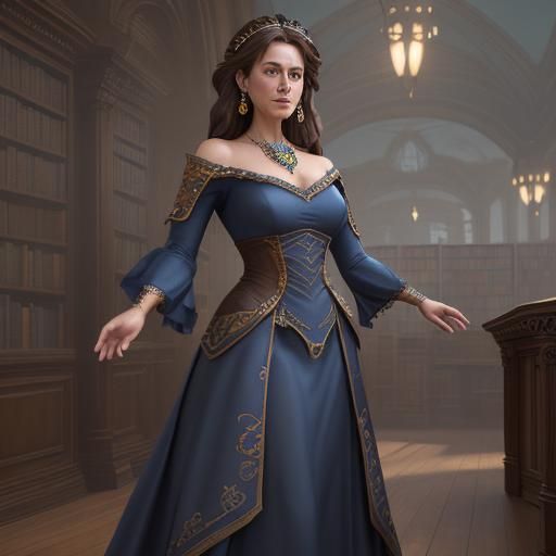 Woman in Blue Dress in Library, Digital Painting