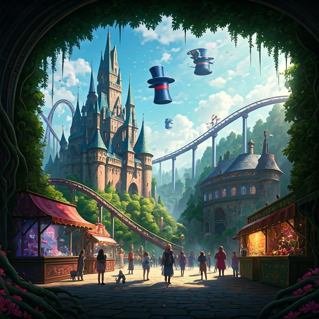 Magical Steampunk Theme Park with Dragon Rollercoaster