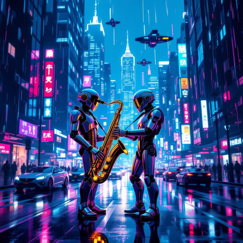 Chrome Automaton Musician in Neon Cyberpunk City