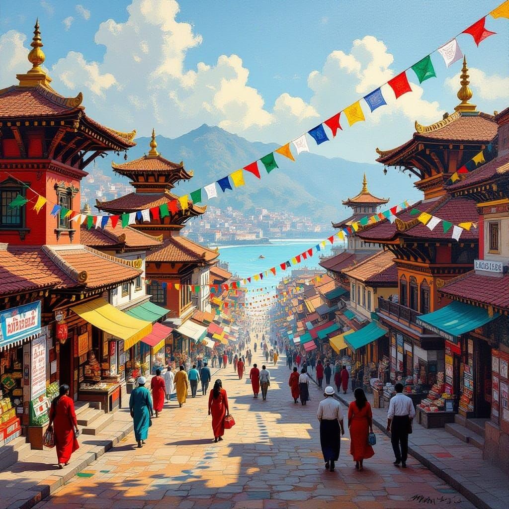 Surreal Fusion of Kathmandu and Durban in Oil Painting