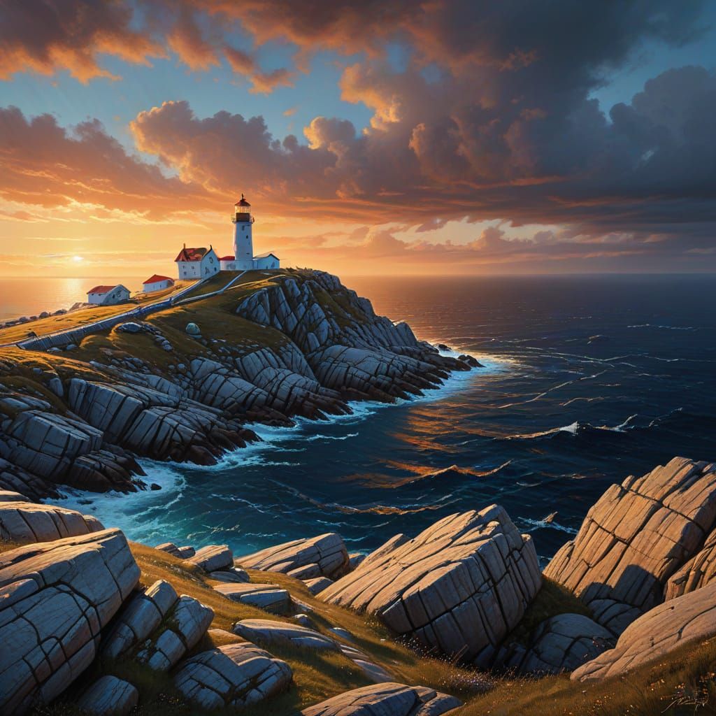 Dawn at Lindesnes Lighthouse: Panoramic Oil Painting
