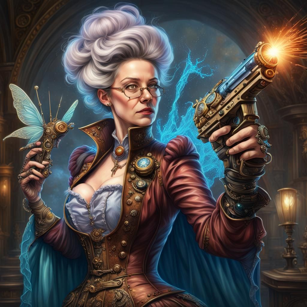 Steampunk Fairy Godmother drawing an Aether-pistol on her foe, Hyperrealistic, splash art, concept art, mid shot, intri...