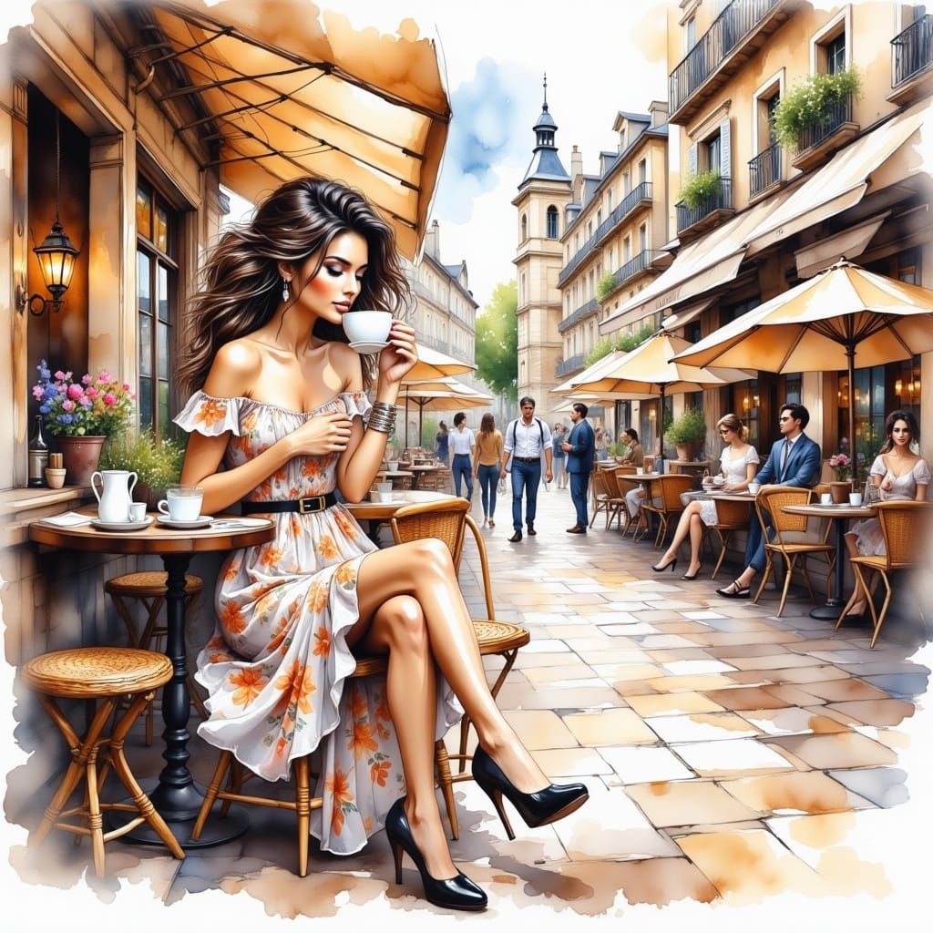 Elegant Parisian Woman Sipping Coffee in a Charming European...